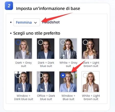 configura le informazioni di base dello stile del tuo headshot