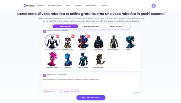 genera voce robotica ai con vidnoz generatore di voce robotica