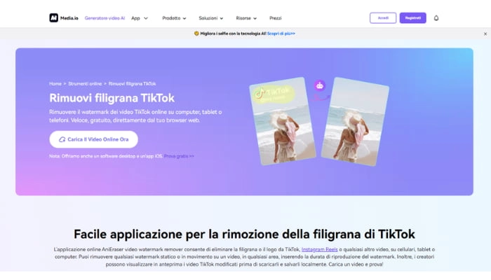 mediaio togliere filigrana tiktok