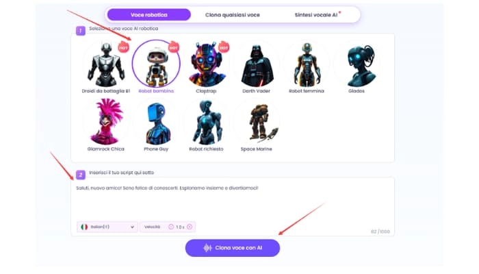 seleziona uno stile di voce robotica online