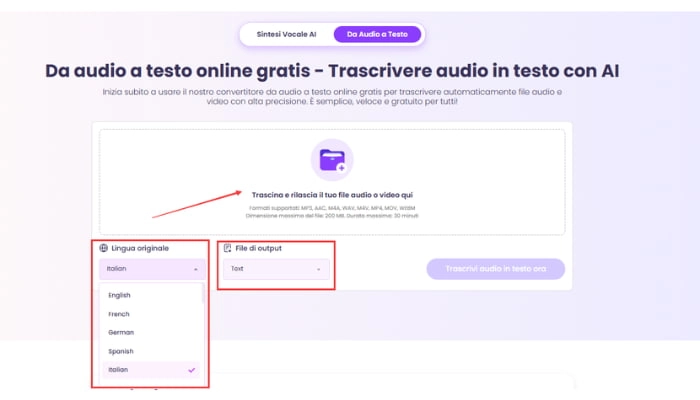 specificare lingua originale e formato di output