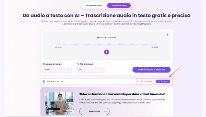 trascrivere audio in testo con vidnoz passo