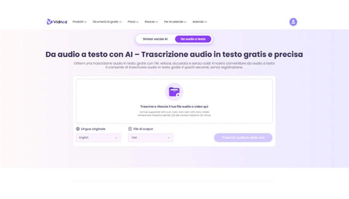 trascrivere audio in testo con vidnoz