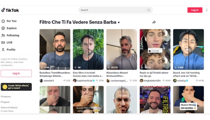 usa il filtro tiktok per non avere la barba