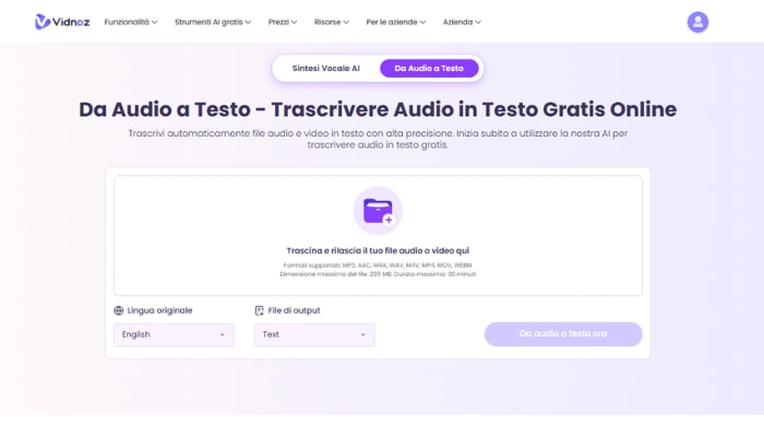 vidnoz ai da audio a testo gratis