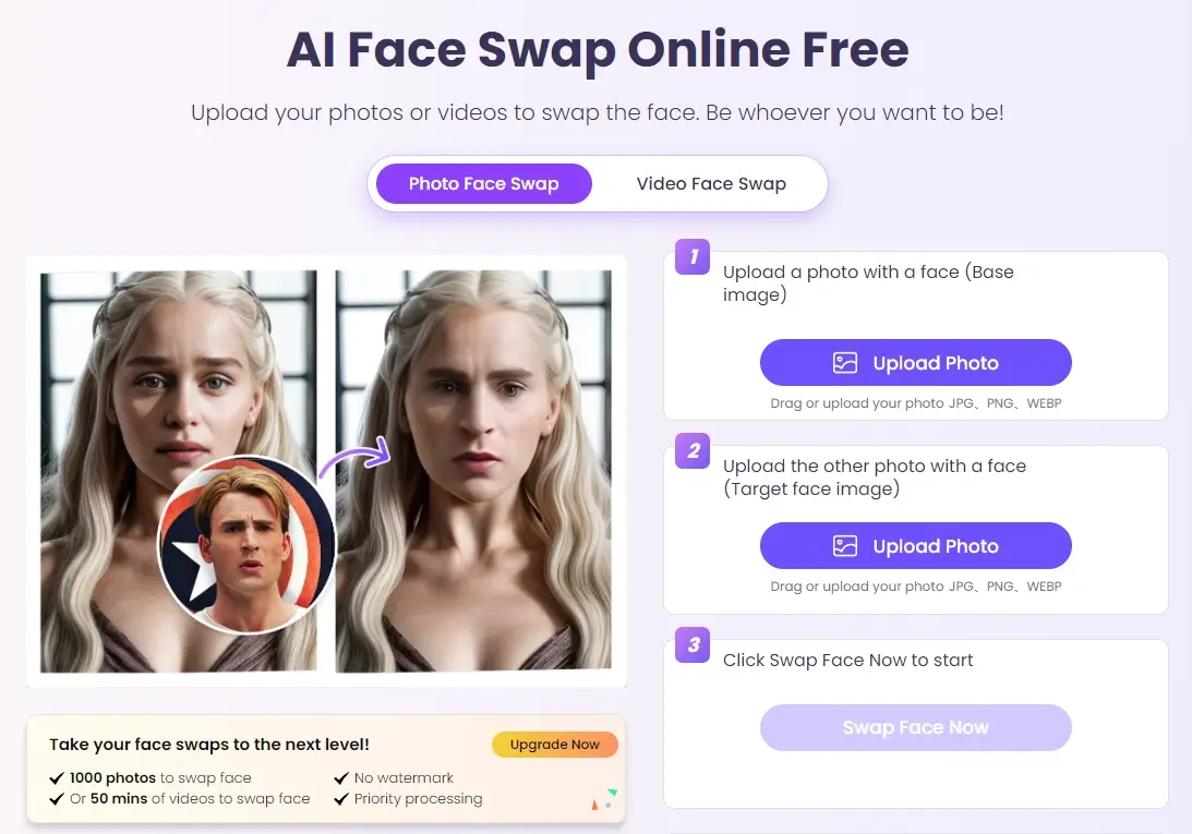 Vidnoz AI Face Swap personalizzato per qualsiasi outfit con scelte illimitate
