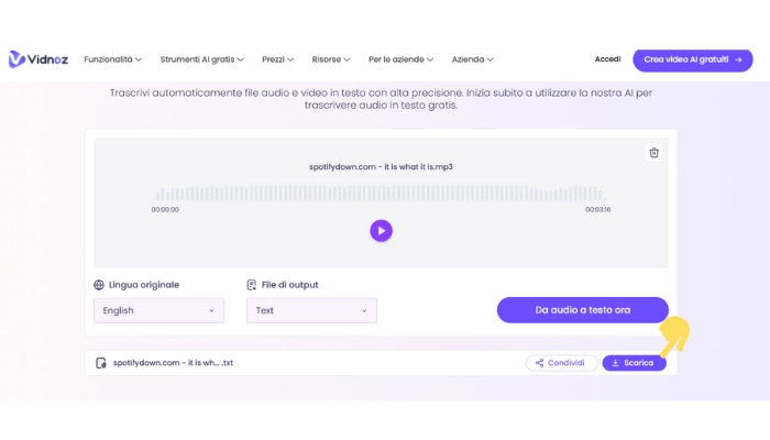 Vidnoz da audio a testo scaricare trascrizione