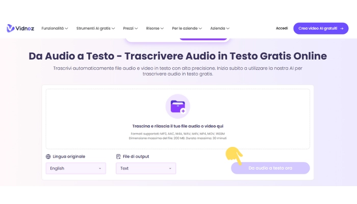 Vidnoz da audio a testo selezionare lingua