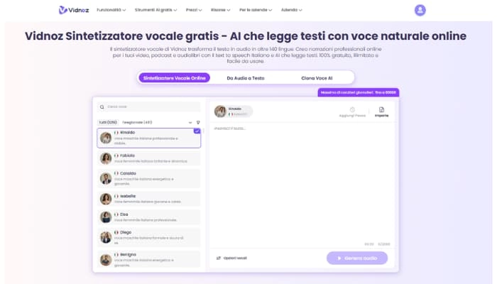 vidnoz lettore di testo voce online gratuito