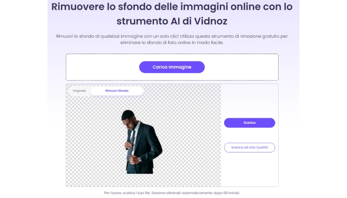 vidnoz rimuovi sfondo imagine ai passo